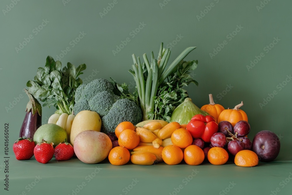 Poster a colorful array of fruits and vegetables on a wooden table