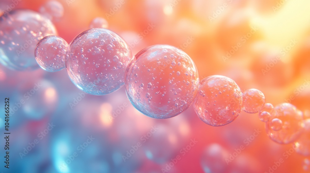 Poster an array of transparent bubbles in diverse sizes drifts through a vibrant blend of purple and orange