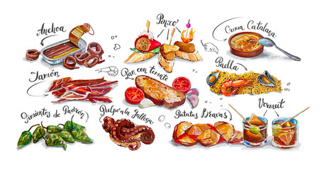 Hand drawn color illustration of a Catalan and Spanish cuisine menu. High quality photo