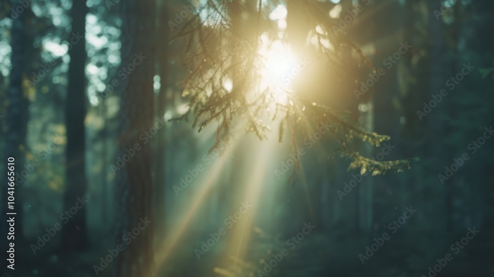 Wall mural soft sunlight beams break through the canopy, washing the forest in warm light and enhancing the ser