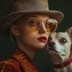 A trendy woman in glasses and hat with her cute dog on display.