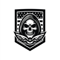 emblem showcases a fierce skull adorned with wings inside flag shield design template
