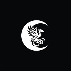 silhouette vector image of phoenix inside crescent moon with minimalist style