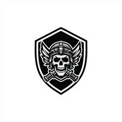 emblem showcases a fierce skull adorned with wings and crossed swords design template