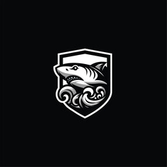 striking emblem features a powerful shark emerging from vibrant waves, set against a sleek black backdrop inside shield design template