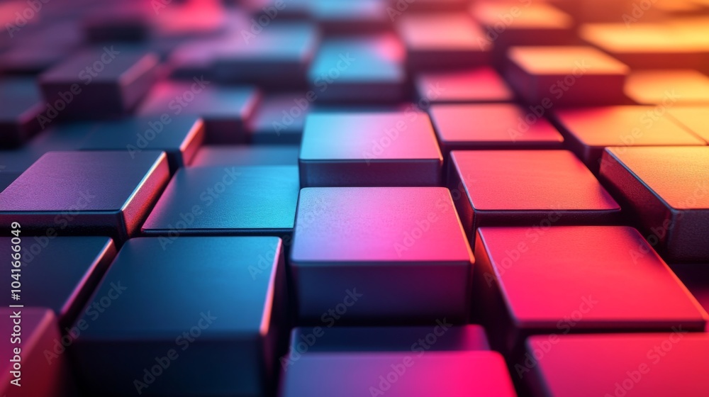 Poster A collection of glossy squares in varied colors reflects light, forming an abstract design. The interplay of shadows and illumination creates a striking visual effect.