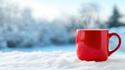 A vibrant red coffee cup emits steam as it sits on a snowy surface, creating a cozy winter atmosphere against a frosty backdrop