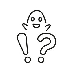 Happy Ghost With Exclamation And Question Mark Line Icon. Surprised And Curious Character. Editable Stroke. Isolated Vector Illustration