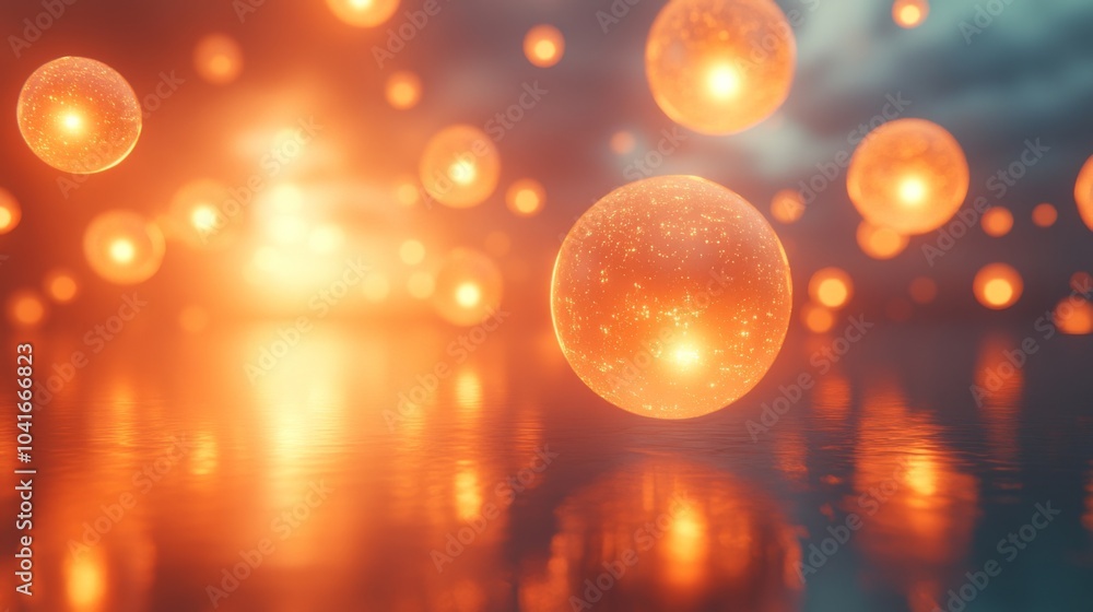 Aufkleber Brightly colored orbs illuminate the scene, creating an otherworldly atmosphere above a reflective surface as twilight descends. The soft glow enhances the surreal environment.