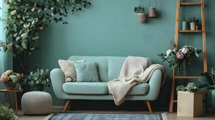 Cozy Living Room Decor with Green Walls, Sofa, and Plants