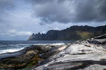 Beautiful autumn landscape of rocky Tungeneset Beacs, Senja, Norway.  Seasonal scenery of Northern Scandinavia.