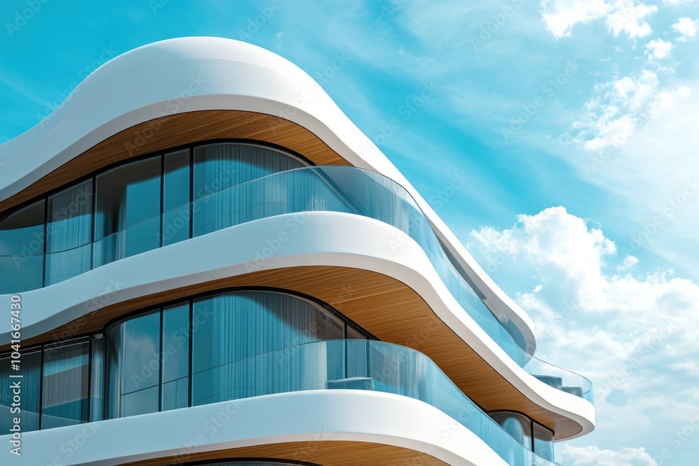 Aufkleber a modern building with curved windows and a sky background, suitable for use in architecture or urba