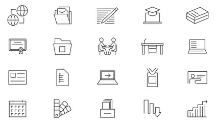 Office and business line icon set. Collaboration, teamwork, coaching, problem-solving, business, money, bank, check, law, auction, exchange, payment line icon set. UI thin line icon pack.