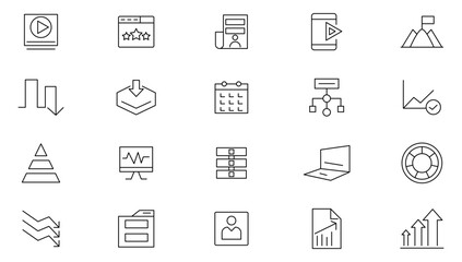 Marketing line icon set. Digital marketing. Containing seo, content, website, social media, communication, advertising, e-commerce, target audience, and website line icon set. UI thin line icon pack.