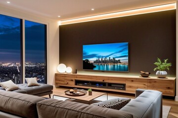 Living room with a smart TV at night. Condo or apartment in the city with a city view.