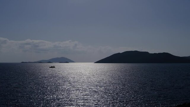 view from the coast near the town of Kas to the islands and boats in the open sea. Turkish resort on Mediterranean sea