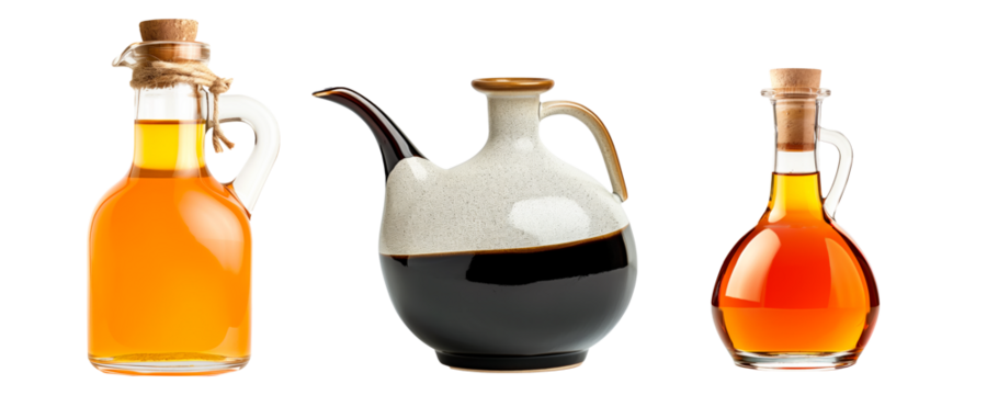 Bottle of dark soy sauce and white vinegar isolated on white transparent background.