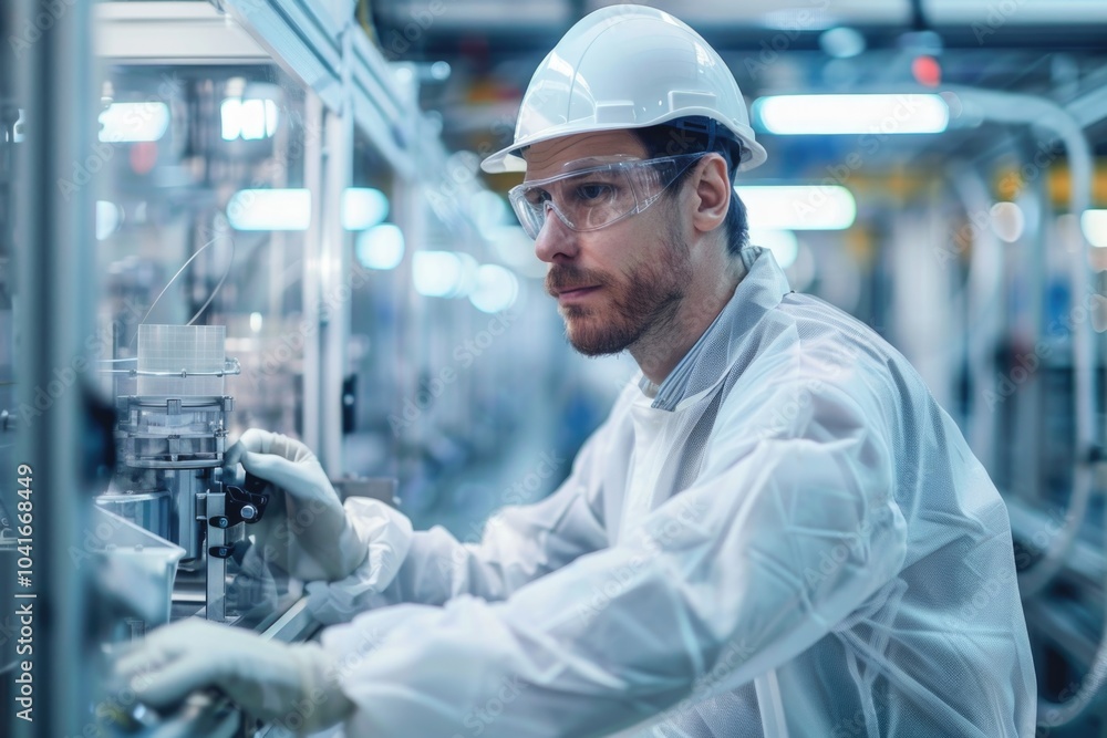 Poster a man works on a machine in a factory setting