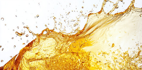 A yellow splash of beer is splashing with a white background.