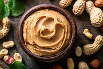 Fototapeta premium A bowl filled with creamy peanut butter and surrounded by peanuts