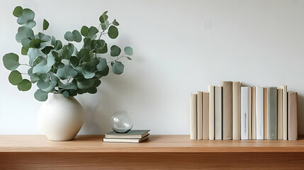 Eucalyptus Leaves and Books on a Wooden Shelf - Minimalist Home Decor