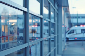Close-up image of the exterior of a hospital building with large windows and a welcoming sign