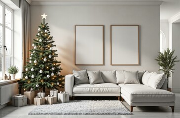 Christmas white, light, home interior with fireplace, empty farme on the wall , gifts and magic glowing Christmas tree