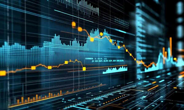 stock graph of digital data flow and data flow with abstract of data on black background. 3d analysis. concept of modern data analysis concept