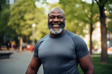 Portrait of a middle age body positive african american man in sporty clothes smiling after running in the city park