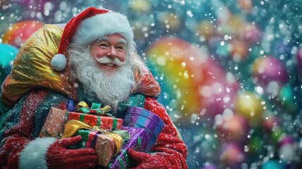 Santa Claus holds a bag of gifts, ready for holiday deliveries