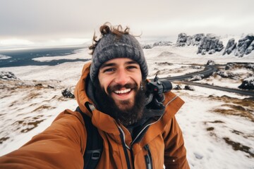 Selfie view of happy men hiking with beautiful natural landscape while snowing in Iceland