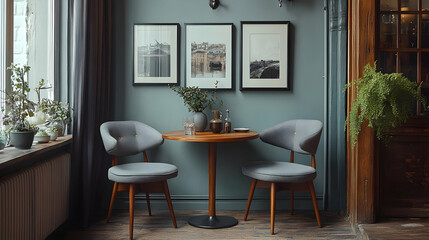Cozy Corner with Mid-Century Chairs and Table, Wooden Floors, and Framed Prints