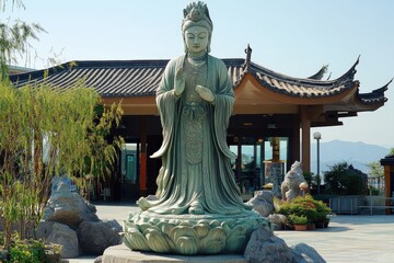 Fototapeta premium Guanyin buddha statue standing in front of a temple