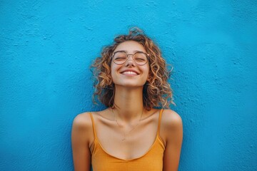 A woman wearing glasses stands in front of a blue wall, possibly waiting for something or observing her surroundings