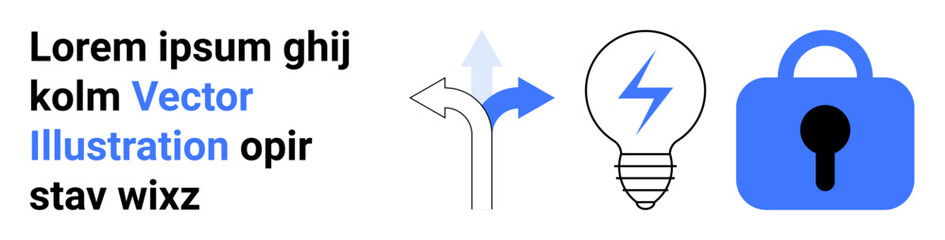 Three arrows indicate direction choices, a light bulb with a lightning bolt depicts innovation, and a blue padlock represents security. Ideal for technology, decision-making, innovation
