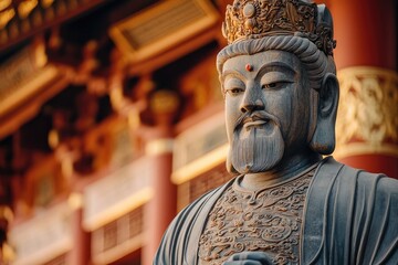 Ancient stone statue of chinese emperor wearing traditional clothes in front of temple