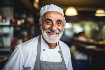 Smiling portrait of a senior chef working in kitchen