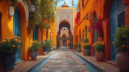 Obraz premium Serene alleyway lined with traditional Moroccan buildings showcasing ornate doors and beautifully textured walls that reflect the city's rich history and cultural heritage