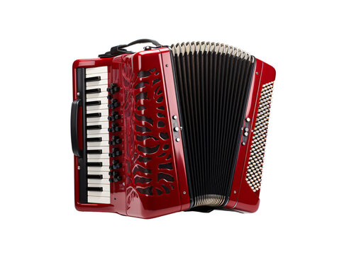 a red accordion with black and white keys