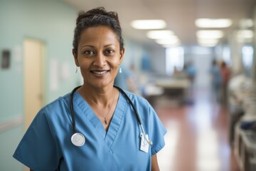 Fototapeta premium Smiling portrait of a middle aged Indian nurse in hospital