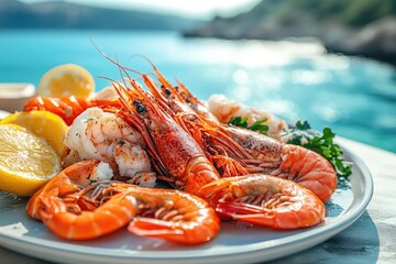 Delicious cooked tiger prawns with lemon on a plate near the sea