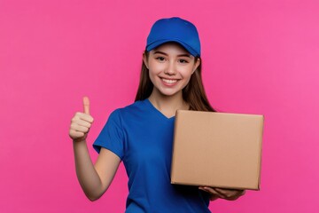 A woman in a blue shirt and cap holds a box, great for use in scenes where everyday people are delivering or receiving packages