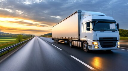 Obraz premium The powerful semi-truck navigates a rain-soaked highway, sending mist swirling from its wheels beneath dark storm clouds