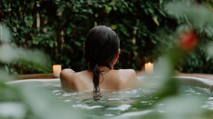 ウェルネスリトリート環境のためのキャンドルライトのある静かなガーデンスパでリラックス