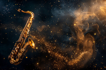 Obraz premium A golden saxophone floating in a cosmic background filled with swirling smoke and sparkling particles. The saxophone is illuminated, creating a magical and vibrant atmosphere.