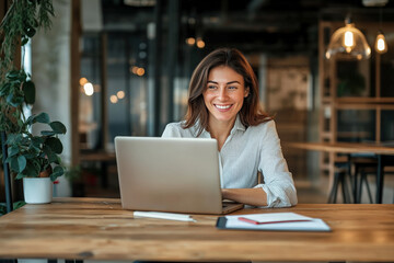 A young woman smiles as she works on her laptop in a modern office.
