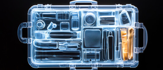 Obraz premium Transparent toolbox displaying organized tools and accessories for creative projects and repairs.