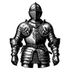 Fototapeta premium medieval knight in full plate armor, classic armor design with lion emblems sketch engraving generative ai fictional character PNG illustration. Scratch board imitation. Black and white image.