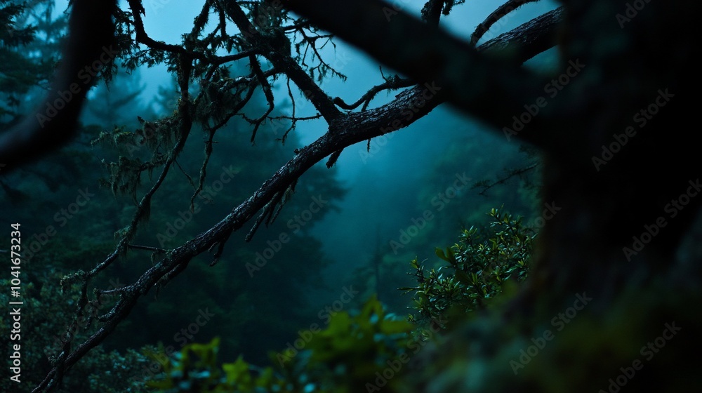 Poster a foggy forest scene with a dark, gnarled tree branch in the foreground. the forest is shrouded in m