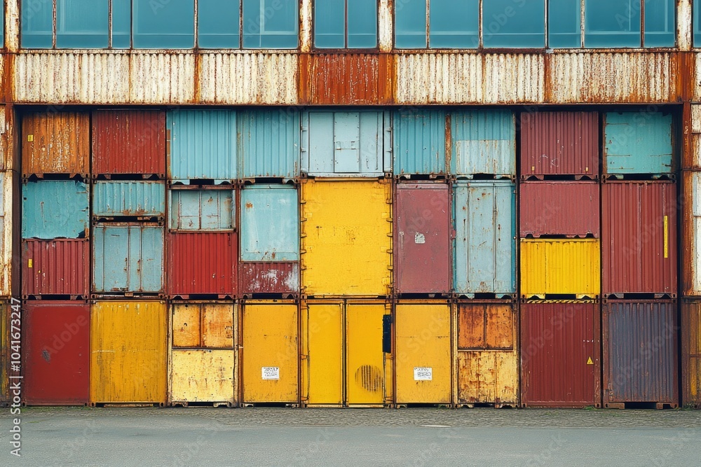 Poster a unique building with multiple colorful doors, ideal for use in illustrations or designs